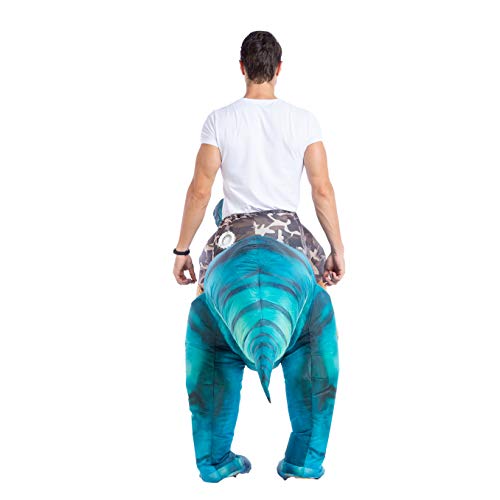 Spooktacular Creations Disfraz Inflable de Dinosaurio Montando un Raptor Air Blow-up Deluxe Disfraz de Halloween – tamaño Adulto - Azul - Large