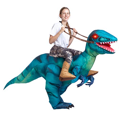 Spooktacular Creations Disfraz Inflable de Dinosaurio Montando un Raptor Air Blow-up Deluxe Disfraz de Halloween – tamaño Adulto - Azul - Large