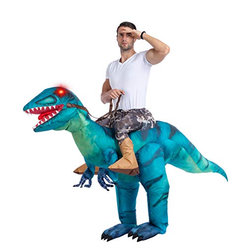 Spooktacular Creations Disfraz Inflable de Dinosaurio Montando un Raptor Air Blow-up Deluxe Disfraz de Halloween – tamaño Adulto - Azul - Large