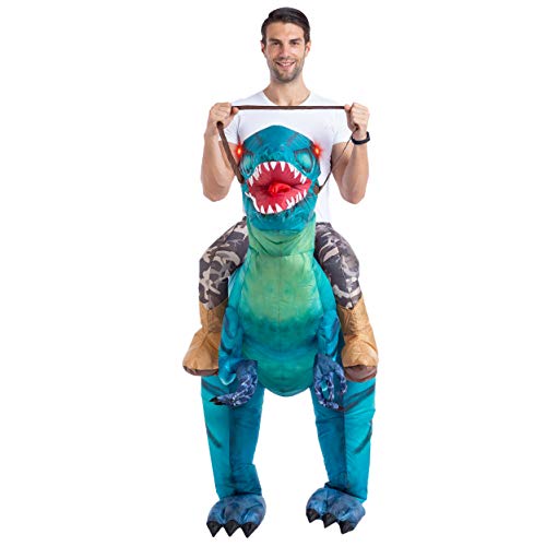 Spooktacular Creations Disfraz Inflable de Dinosaurio Montando un Raptor Air Blow-up Deluxe Disfraz de Halloween – tamaño Adulto - Azul - Large