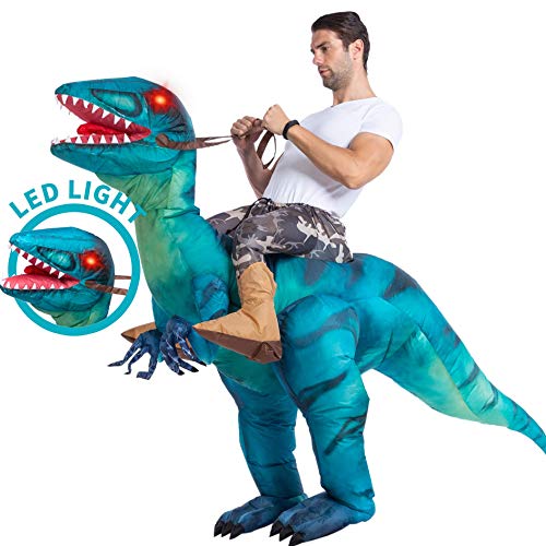 Spooktacular Creations Disfraz Inflable de Dinosaurio Montando un Raptor Air Blow-up Deluxe Disfraz de Halloween – tamaño Adulto - Azul - Large