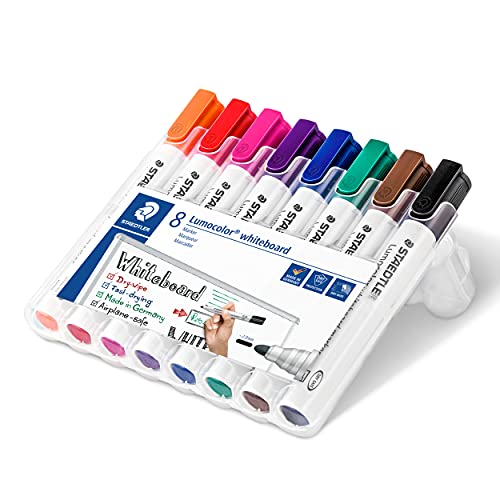 STAEDTLER 351WP8 Rotuladores para pizarra blanca Lumocolor, inodoro, secado rápido y recargable, paquete de 8 unidades, Multicolor