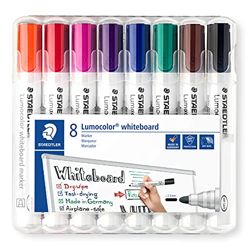 STAEDTLER 351WP8 Rotuladores para pizarra blanca Lumocolor, inodoro, secado rápido y recargable, paquete de 8 unidades, Multicolor