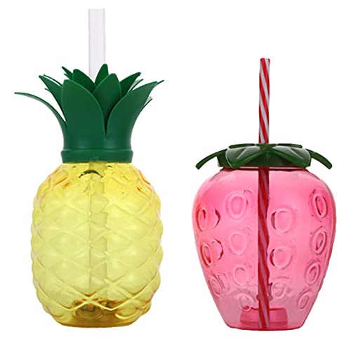 STOBOK 2pcs piña tazas de fresa tazas de jugo tazas de beber con tapas pajitas para Luau Summer Hawaiian Party