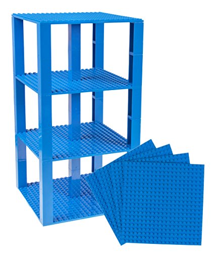 Strictly Briks Pack de 4 Bases y 30 Piezas apilables con Ladrillos separadores 2 x 2 - Construcción en Forma de Torre - Compatible con Todas Las Marcas - Azul - 15,24 x 15,24 cm