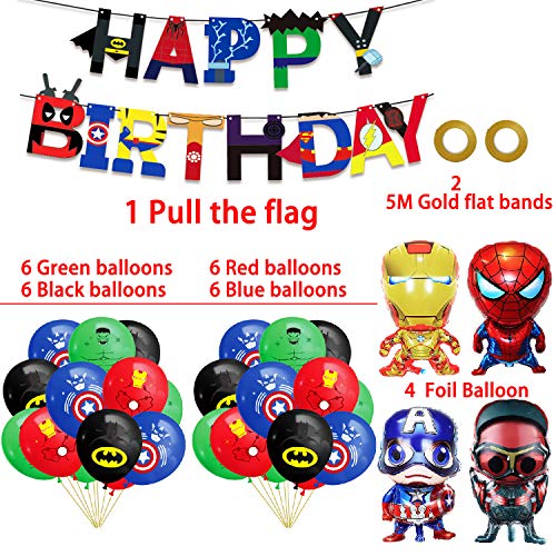 Suministros de fiesta de superhéroes Vengadores Decoración de fiestas,4 globos de papel de aluminio,bandera de feliz cumpleaños para niños superhéroes decoración de fiesta de cumpleaños