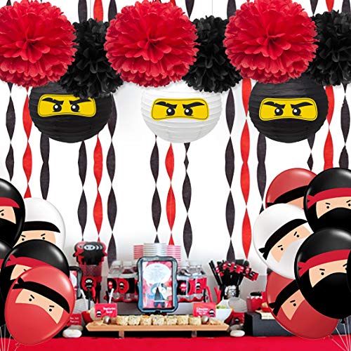 Suministros de fiesta guerrero con decoraciones de fiesta, paquete negro y rojo, serpentín de papel crepé, globos ninja para cumpleaños, karate, judo, fiesta temática de artes marciales