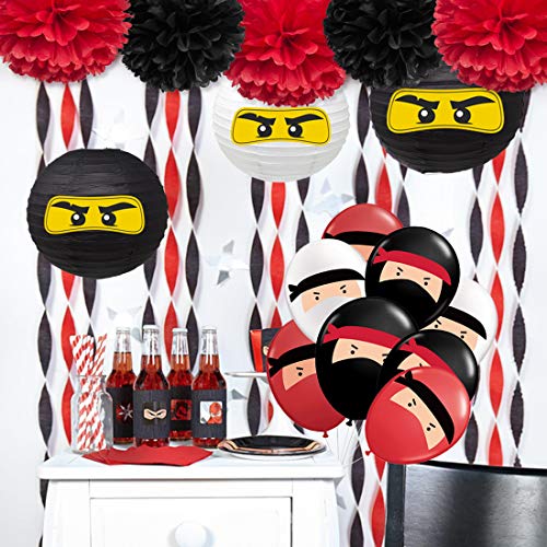 Suministros de fiesta guerrero con decoraciones de fiesta, paquete negro y rojo, serpentín de papel crepé, globos ninja para cumpleaños, karate, judo, fiesta temática de artes marciales