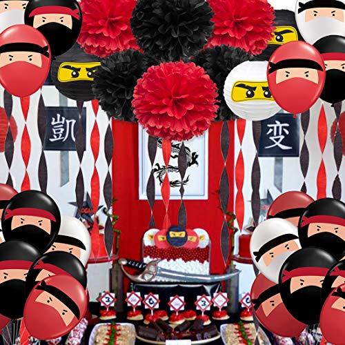 Suministros de fiesta guerrero con decoraciones de fiesta, paquete negro y rojo, serpentín de papel crepé, globos ninja para cumpleaños, karate, judo, fiesta temática de artes marciales