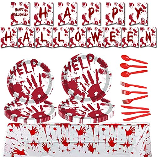 Suministros de Halloween Halloween sangre mano horror fiesta papel taza de papel placa de papel cuchillo tenedor cuchara de halloween decoraciones para la fiesta de la fiesta en casa Decoraciones de H