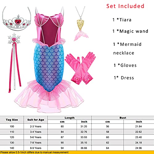 SunHibay 5 Piezas de Disfraces de Cosplay de Sirena Vestido de Ariel para Fiesta de Cumpleaños de Niñas con Joyería de Tiara (K63(RRG), 120)