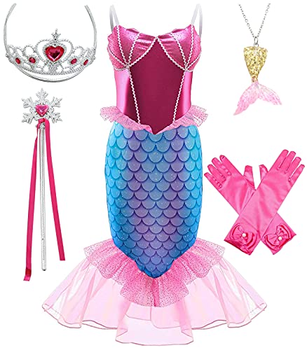 SunHibay 5 Piezas de Disfraces de Cosplay de Sirena Vestido de Ariel para Fiesta de Cumpleaños de Niñas con Joyería de Tiara (K63(RRG), 120)