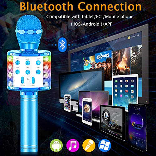 SunTop Micrófono Karaoke Bluetooth, Microfono Inalámbrico Karaoke, Portátil con Altavoz y Luces LED, Reproductor KTV doméstico con función de grabación