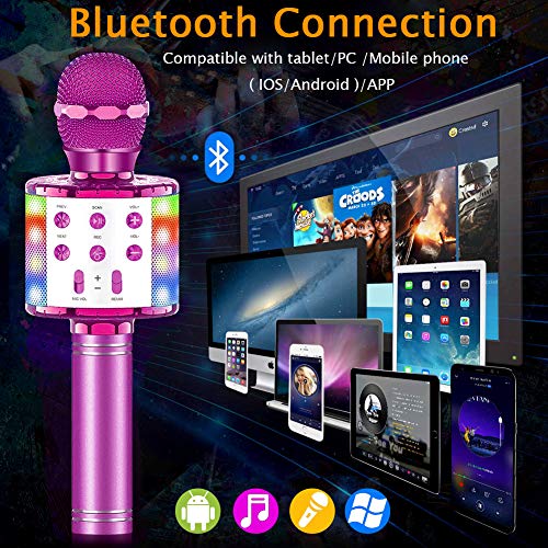 SunTop Micrófono Karaoke Bluetooth, Microfono Inalámbrico Karaoke, Portátil con Altavoz y Luces LED, Reproductor KTV doméstico con función de grabación