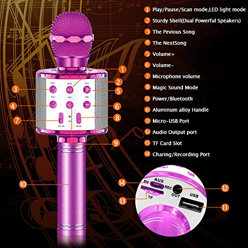 SunTop Micrófono Karaoke Bluetooth, Microfono Inalámbrico Karaoke, Portátil con Altavoz y Luces LED, Reproductor KTV doméstico con función de grabación