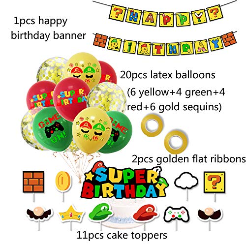 Super Mario Party Supplies Super Mario Globos Super Mario Cumpleaños Pancartas Decoración para Fiestas Adorno de Torta para Niños Ducha de Bebé Fiesta de Cumpleaños