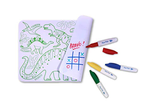 SUPER PETIT - Juego educativo - colorear Dino - Reversible - Incluye 4 rotuladores borrables de colores diferentes - Fácil de limpiar - Reutilizable - Antibacteriano - Para partir de 3 años