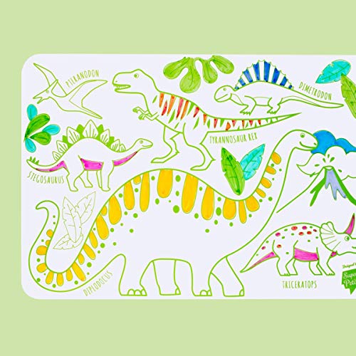 SUPER PETIT - Juego educativo - colorear Dino - Reversible - Incluye 4 rotuladores borrables de colores diferentes - Fácil de limpiar - Reutilizable - Antibacteriano - Para partir de 3 años