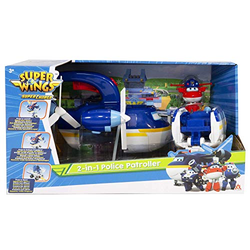 SUPER WINGS - PATRULADOR DE POLIC�A DE JUGUETE AVI�N + 1 FIGURA DE POLIC�A JETT - Avi�n de juguete gigante y figura Jett Police Jou de Transform-a-Bots