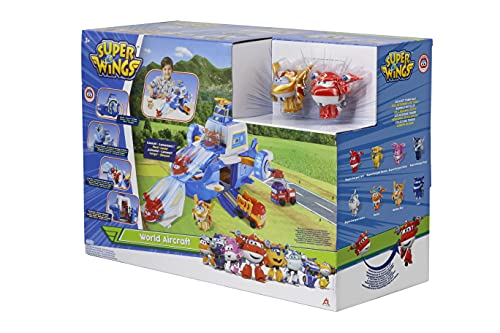 Super Wings PLAYSET AÉROPORT World Aircraft + 2 Aviones Figuras Transform-a-Bots del Dibujo Animado Temporada 5 - Juguete Infantil 3 años + FR740831A Azul