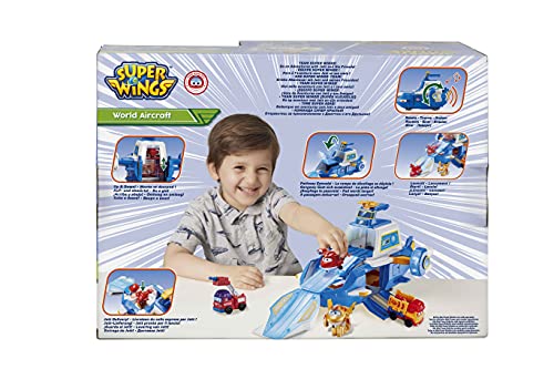 Super Wings PLAYSET AÉROPORT World Aircraft + 2 Aviones Figuras Transform-a-Bots del Dibujo Animado Temporada 5 - Juguete Infantil 3 años + FR740831A Azul