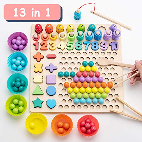 Surplex Juegos Montessori Matematicas Juego de Pesca magnética de Madera Clip Beads Juego de Mesa de Rompecabezas Año Nuevo, Manos Cerebro Entrenamiento Juguete Educativo para 3 4 5 años Niño Niña