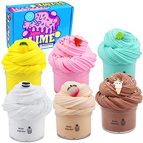 SWZY Fluffy Slime Kit,Butter Slime,Slime Fluffy,con Limo de Galleta Azul, Amarillo, Albaricoque, Limo Azul, Limo de Caramelo Rosa y Limo de café Super Suave y no Arcilla 6pcs