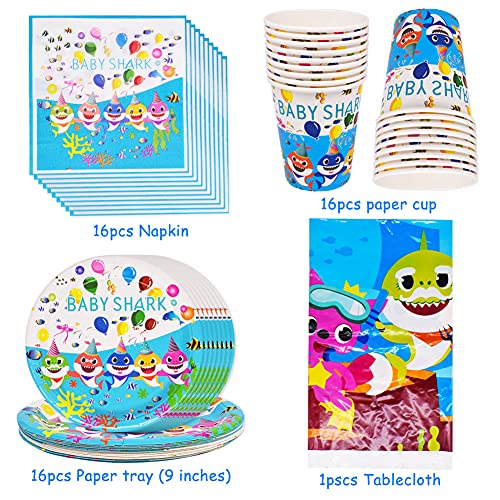 SZWL - Juego de vajilla de tiburón para fiestas, decoración de fiestas platos de tiburón, tazas de papel, toallas de papel, mantel,cumpleaños baby shower decor Sirve para 16 invitados, 49 piezas