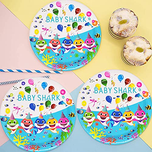 SZWL - Juego de vajilla de tiburón para fiestas, decoración de fiestas platos de tiburón, tazas de papel, toallas de papel, mantel,cumpleaños baby shower decor Sirve para 16 invitados, 49 piezas