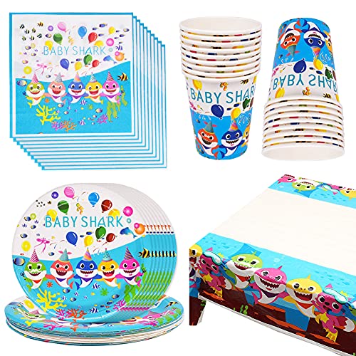 SZWL - Juego de vajilla de tiburón para fiestas, decoración de fiestas platos de tiburón, tazas de papel, toallas de papel, mantel,cumpleaños baby shower decor Sirve para 16 invitados, 49 piezas