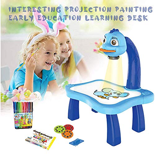 Tablero de dibujo de plástico magnético para niños, proyector, herramienta educativa de pintura, juego de escritorio de mesa de proyector de pintura musical para niños (Blue)