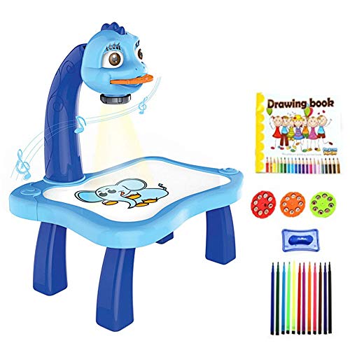 Tablero de dibujo de plástico magnético para niños, proyector, herramienta educativa de pintura, juego de escritorio de mesa de proyector de pintura musical para niños (Blue)