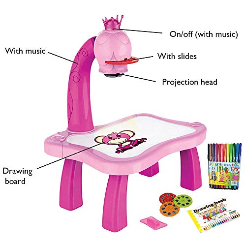 Tablero de dibujo de plástico magnético para niños, proyector, herramienta educativa de pintura, juego de escritorio de mesa de proyector de pintura musical para niños (Pink)