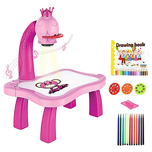 Tablero de dibujo de plástico magnético para niños, proyector, herramienta educativa de pintura, juego de escritorio de mesa de proyector de pintura musical para niños (Pink)