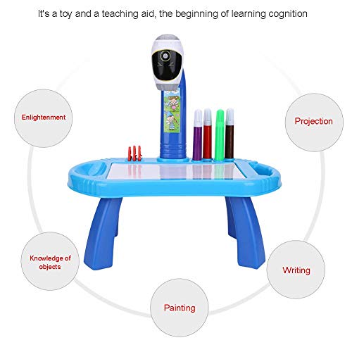 Tablero de Dibujo Juego de Pintura para proyector, Juego de Dibujo para proyector de Mesa para niños con 4 Discos de imágenes Diferentes 8 bolígrafos de Color Juguetes de educación temprana (Blue)