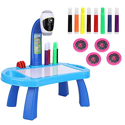 Tablero de Dibujo Juego de Pintura para proyector, Juego de Dibujo para proyector de Mesa para niños con 4 Discos de imágenes Diferentes 8 bolígrafos de Color Juguetes de educación temprana (Blue)