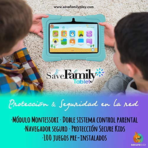 Tablet SaveFamily para niños pedagógica con navegador Infantil, Doble Control Parental, Evita Contenido inapropiado, Anti-Bullying, +de100 Juegos. Módulo Montessori, Funda de Silicona. Marca española