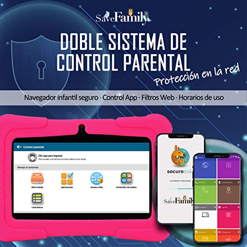 Tablet SaveFamily para niños pedagógica con navegador Infantil, Doble Control Parental, Evita Contenido inapropiado, Anti-Bullying, +de100 Juegos. Módulo Montessori, Funda de Silicona. Marca española