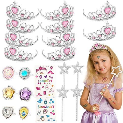 Tacobear 50 Piezas Disfraz Princesa Niña con Tiara Princesa Corona Princesa Tatuajes Anillos Varita Mágica Disfraces Princesas Vestido Accesorios Set Regalos Fiesta Cumpleaños para Niñas Niños (Rosa)