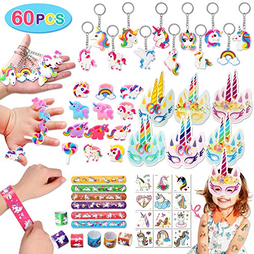 Tacobear 60Piezas Unicornio Aarticulos de Fiesta Cumpleaños Relleno Piñatas Unicornio Slap Pulsera Llavero Anillo Máscara de Papel Tatuajes Temporales para Niños Niñas Unicornio Fiesta Cumpleaños