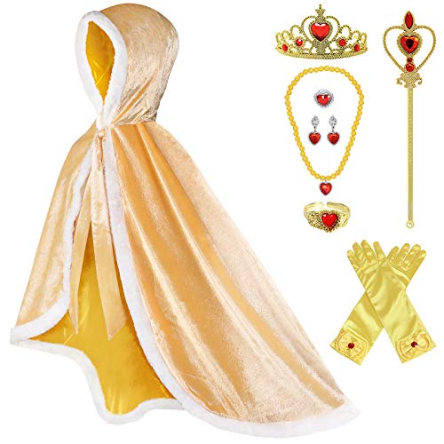 Tacobear Capucha Capa Princesa Disfraz Princesa Niña con Accesorios Corona Varita Mágica Guantes Collar Pulsera Anillo Pendientes Halloween Carnaval Fiesta Disfraces Princesa para Niñas (Amarillo, S)