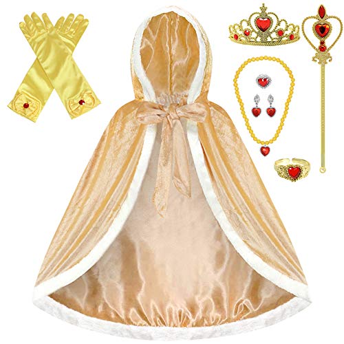 Tacobear Capucha Capa Princesa Disfraz Princesa Niña con Accesorios Corona Varita Mágica Guantes Collar Pulsera Anillo Pendientes Halloween Carnaval Fiesta Disfraces Princesa para Niñas (Amarillo, S)