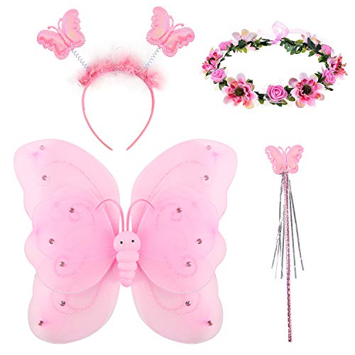 Tacobear Disfraz Hada Niña Disfraz Mariposa con Alas Hada Vestido Diademas Corona Flores Varitas Magicas Hada Mariposa Princesa Disfraces Accesorios Regalos Fiesta Cumpleaños para Niñas Niños (Rosa)