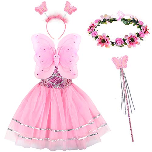 Tacobear Disfraz Hada Niña Disfraz Mariposa con Alas Hada Vestido Diademas Corona Flores Varitas Magicas Hada Mariposa Princesa Disfraces Accesorios Regalos Fiesta Cumpleaños para Niñas Niños (Rosa)