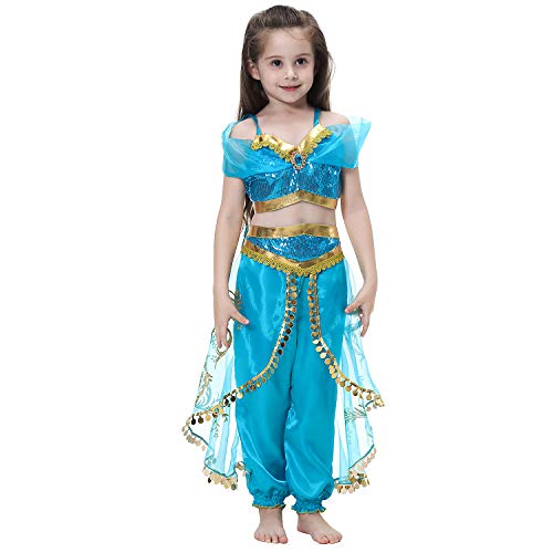 Tacobear Disfraz Jasmine Niña con Peluca Princesa Jasmine Vestido Traje Princesa Jasmine para Halloween Cosplay Fiesta Carnaval (5-6 años)