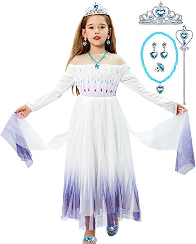 Tacobear Elsa Frozen Disfraz Princesa Niña Disfraz Princesa Corona Varita Guantes Collar Pendientes Anillo Princesa Cosplay Disfraz Princesa Elsa Vestido Fiesta Regalo Niña (130CM)