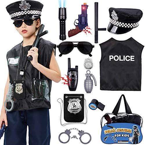 Tacobear Policía Disfraz Niño con Policía Equipo Policía Chaleco Gorra Placa Policía Esposas Gafas de Sol Walkie Talkie Policía Juguete Kit para Niños Halloween Fiesta Carnaval