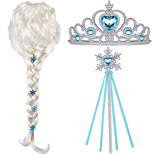 Tacobear Princesa Frozen Disfraz Accesorios Elsa Peluca Trenza Princesa Collar Corona Guantes Mágica Pulsera Princesa Elsa Joyas para Niñas Carnaval Halloween