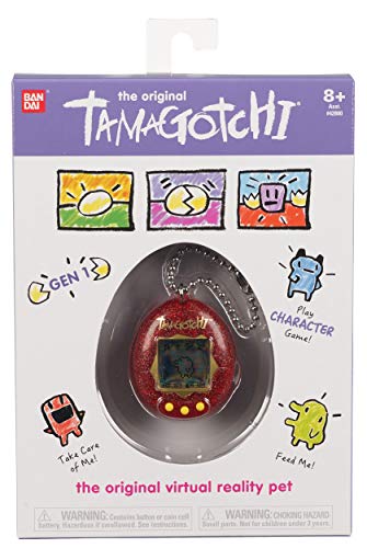 TAMAGOTCHI 42813 Original con Carcasa roja de Purpurina - Alimenta, cuida y educa a tu Mascota Virtual; Sistema con Cadena para Jugar en Cualquier Parte