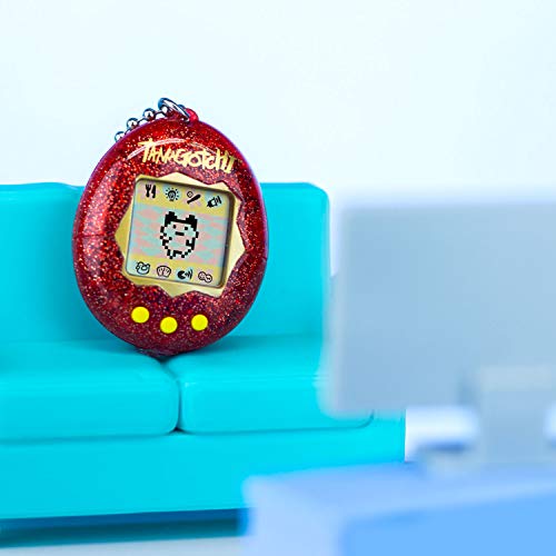 TAMAGOTCHI 42813 Original con Carcasa roja de Purpurina - Alimenta, cuida y educa a tu Mascota Virtual; Sistema con Cadena para Jugar en Cualquier Parte